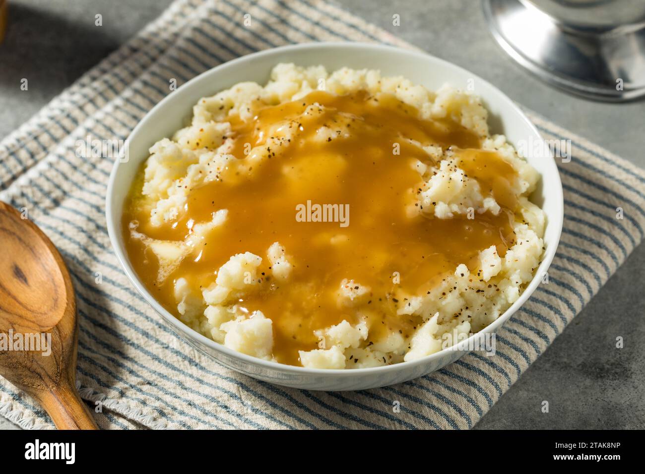 Homemade Turkey Gravy and Mashed Potatoes with Butter Stock Photo
