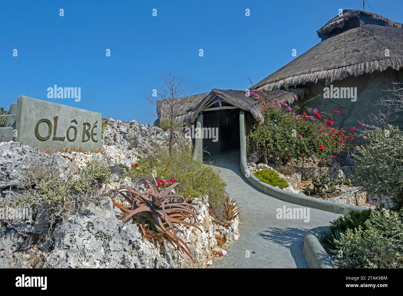 Entrance of luxury Olô Bé Lodge in the fishing village Andavadoaka near Morombe, Atsimo-Andrefana Region, Madagascar, Africa Stock Photo