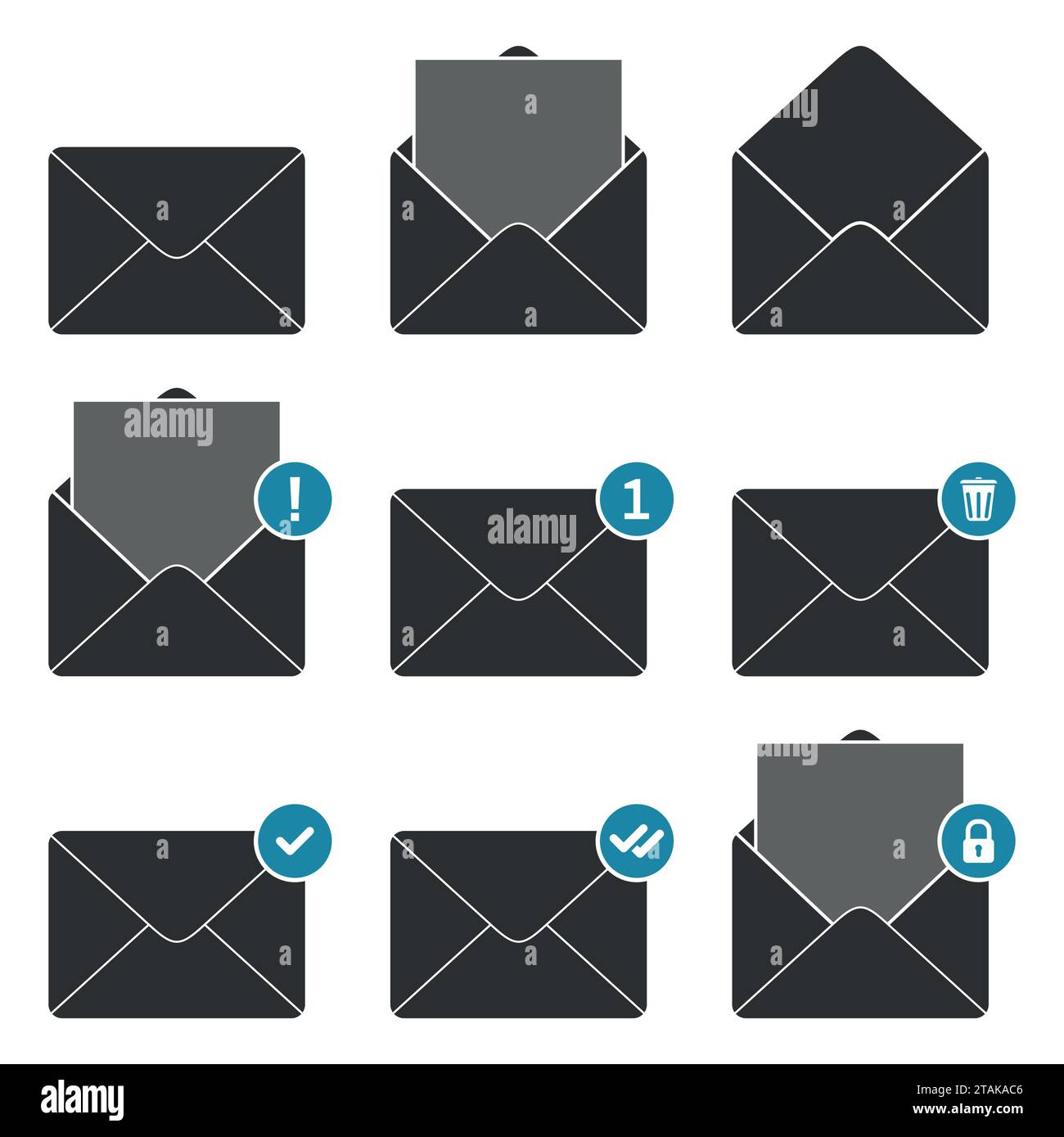 Mail envelope notifications icons set. Concept of incoming email messages, communication, mail delivery service for social network, web or mobile app. Stock Vector