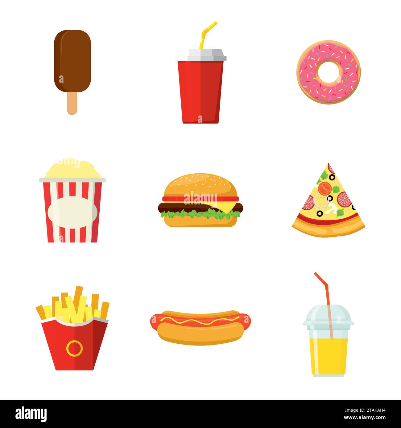 Set of colorful Fast food vector icons isolated on white background. Fast food hamburger dinner and restaurant, tasty fast food meal and unhealthy Stock Vector