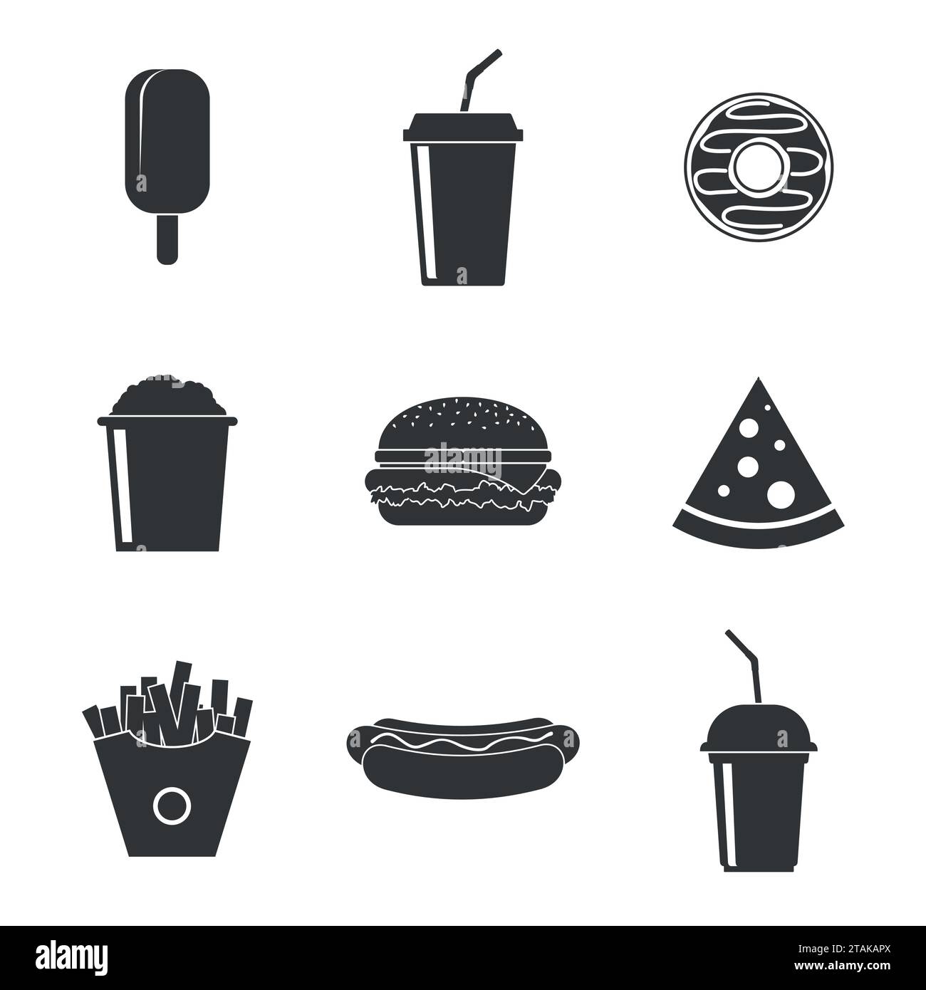 Set Fast food vector icons isolated on white background. Fast food hamburger dinner, soda, pizza and restaurant, tasty fast food icon meal Stock Vector