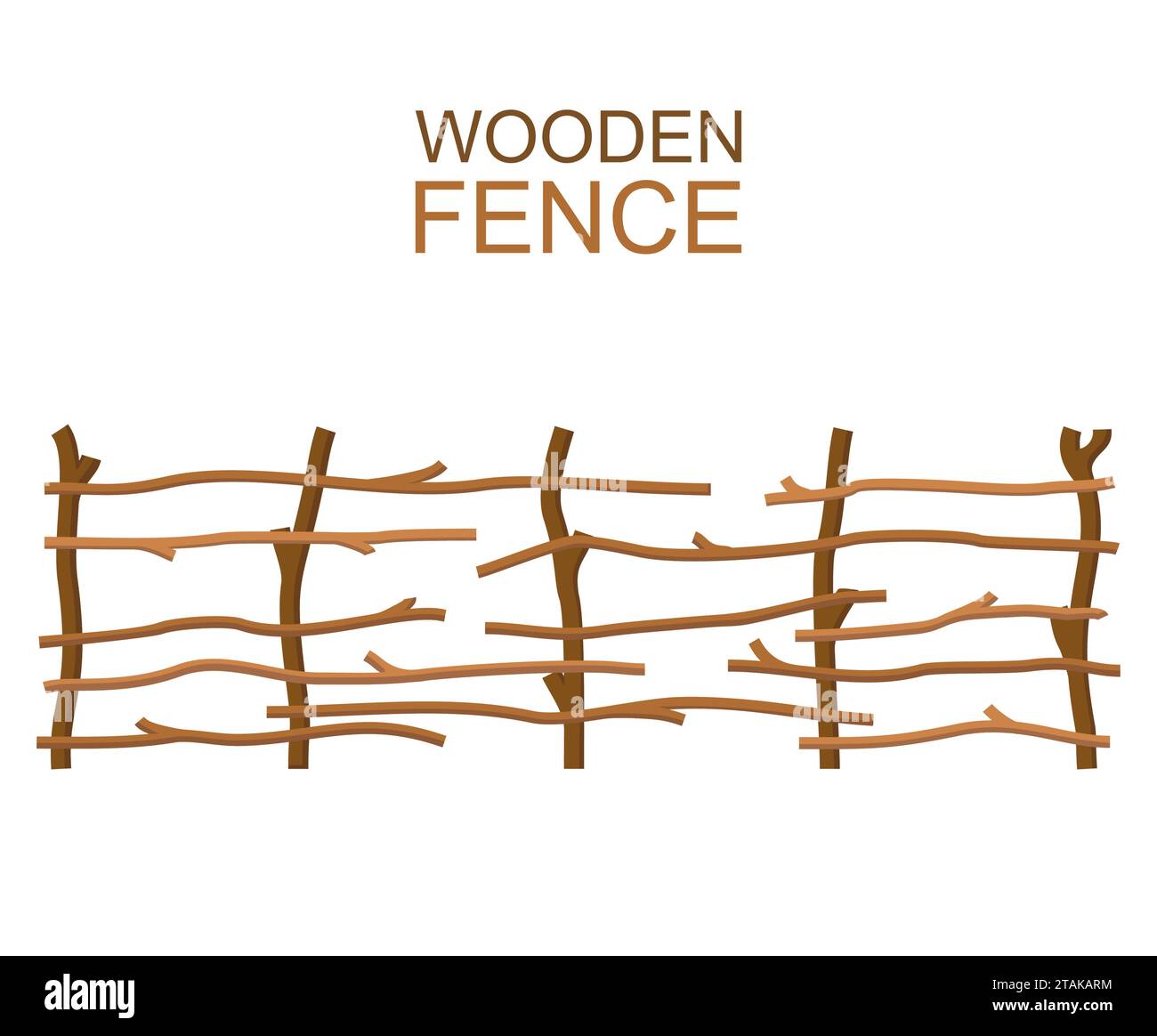 Rural wooden fence isolated on white background. Farm fence vector illustration. Branches fence rustic wood silhouette construction in flat style Stock Vector