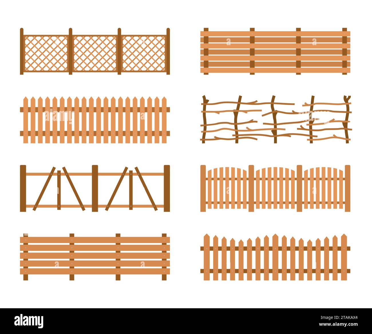 Set Wooden Fences isolated on white background. Different garden fences vector illustration. Rural fencing wood boards silhouette construction in flat Stock Vector