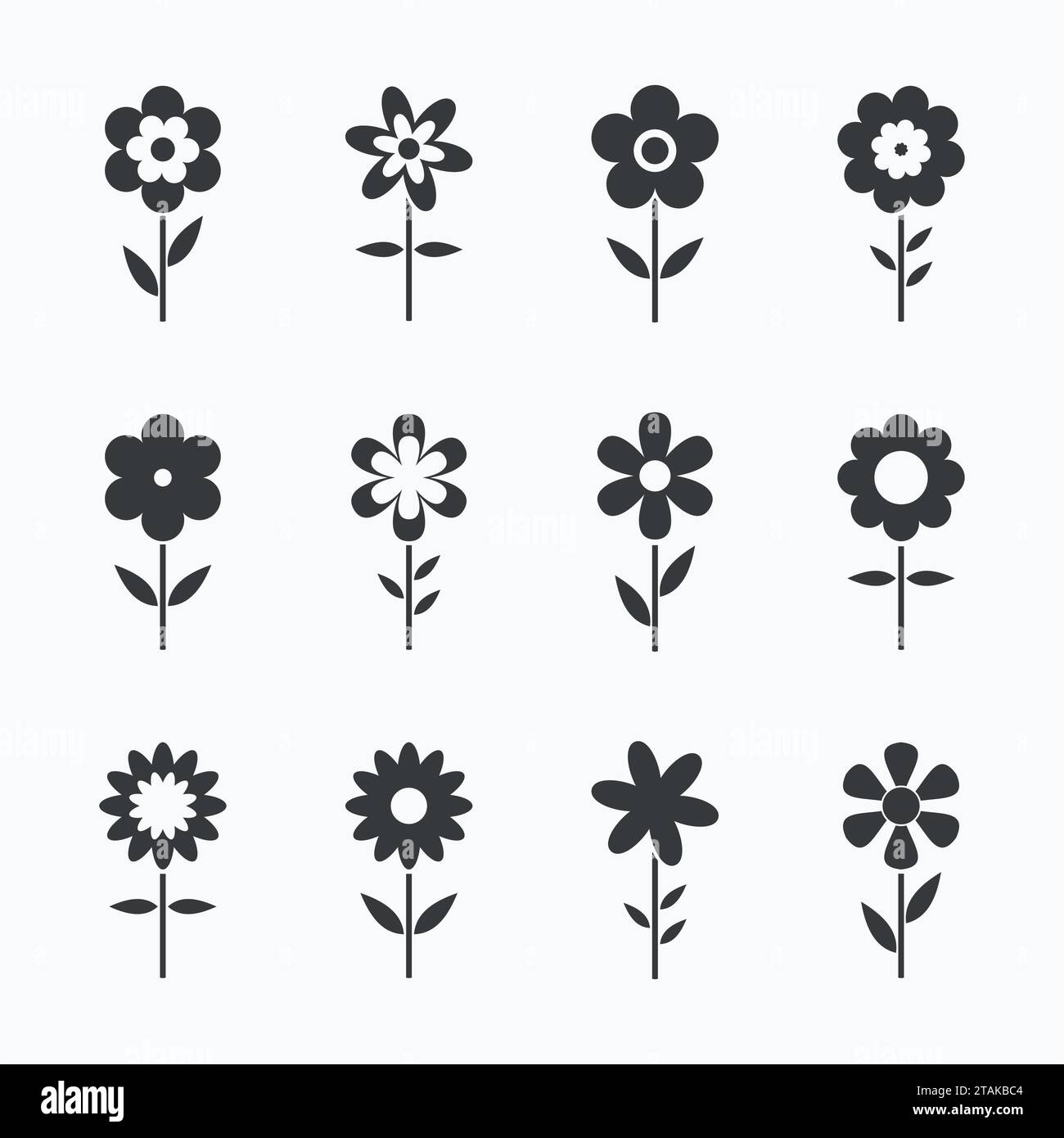 Black Flowers icons isolated on white background. Set of colorful floral icon. Flowers icons in flat dasing style Vector Illustration Stock Vector