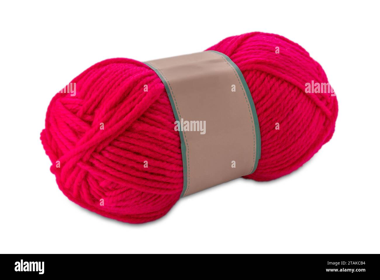Ball of fuchsia-colored wool yarn closed with paper band isolated on white with clipping path included Stock Photo