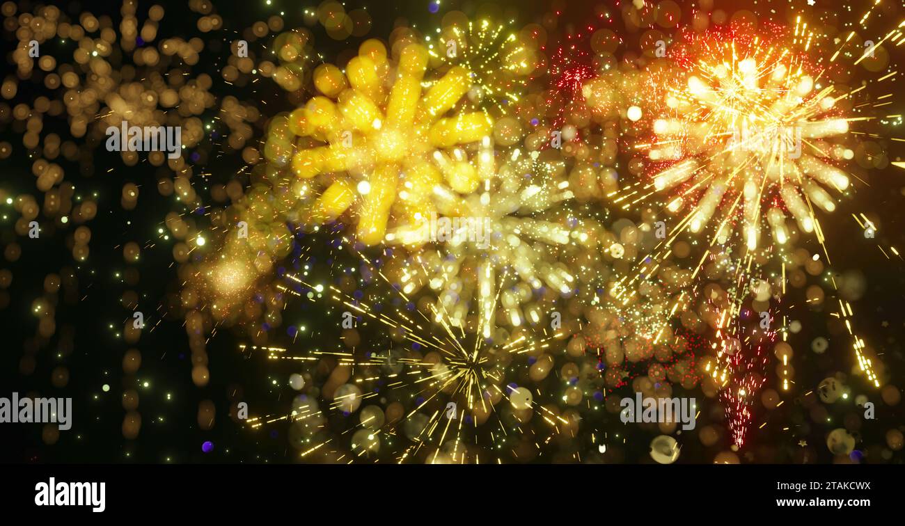 New Year background. Fireworks explosion in the night sky. Stock Photo