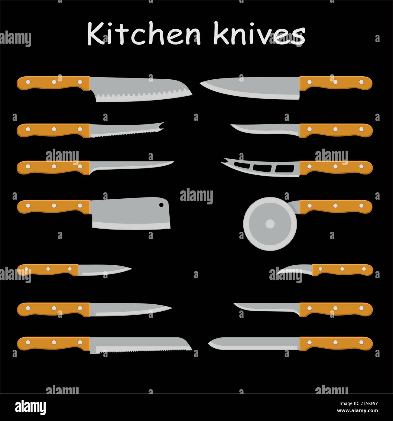 Set of steel kitchen knives carving, paring, and utility sharp tool