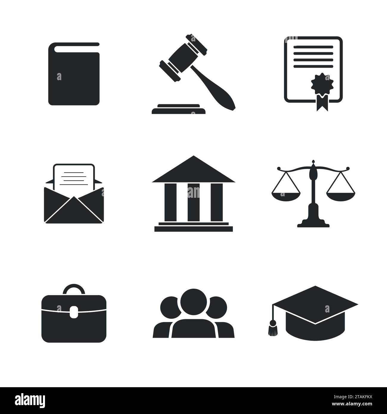 Set of black Law and Justice Icons. Vector Illustration. Stock Vector