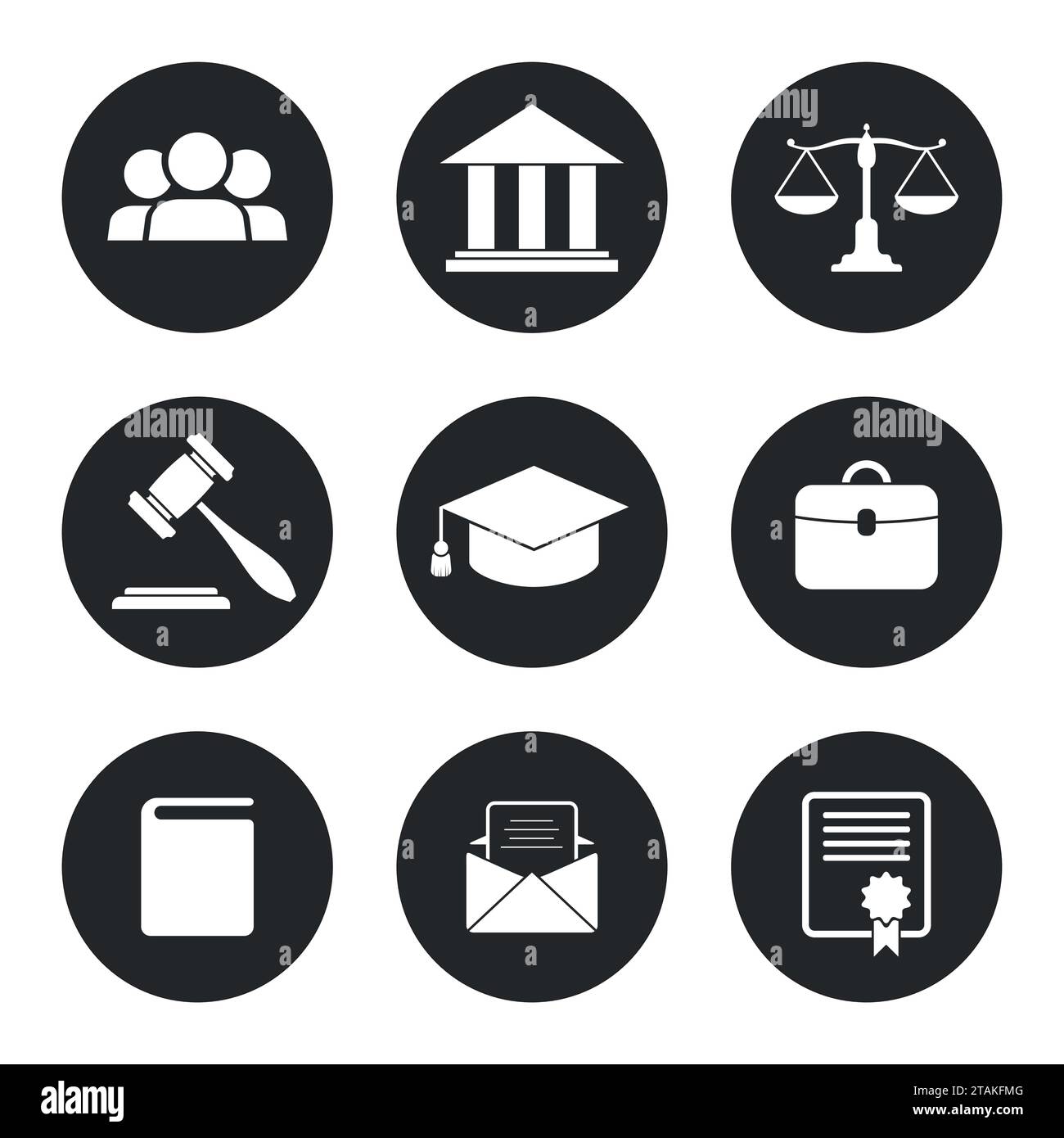 Set of black Law and Justice Icons. Vector Illustration. Stock Vector