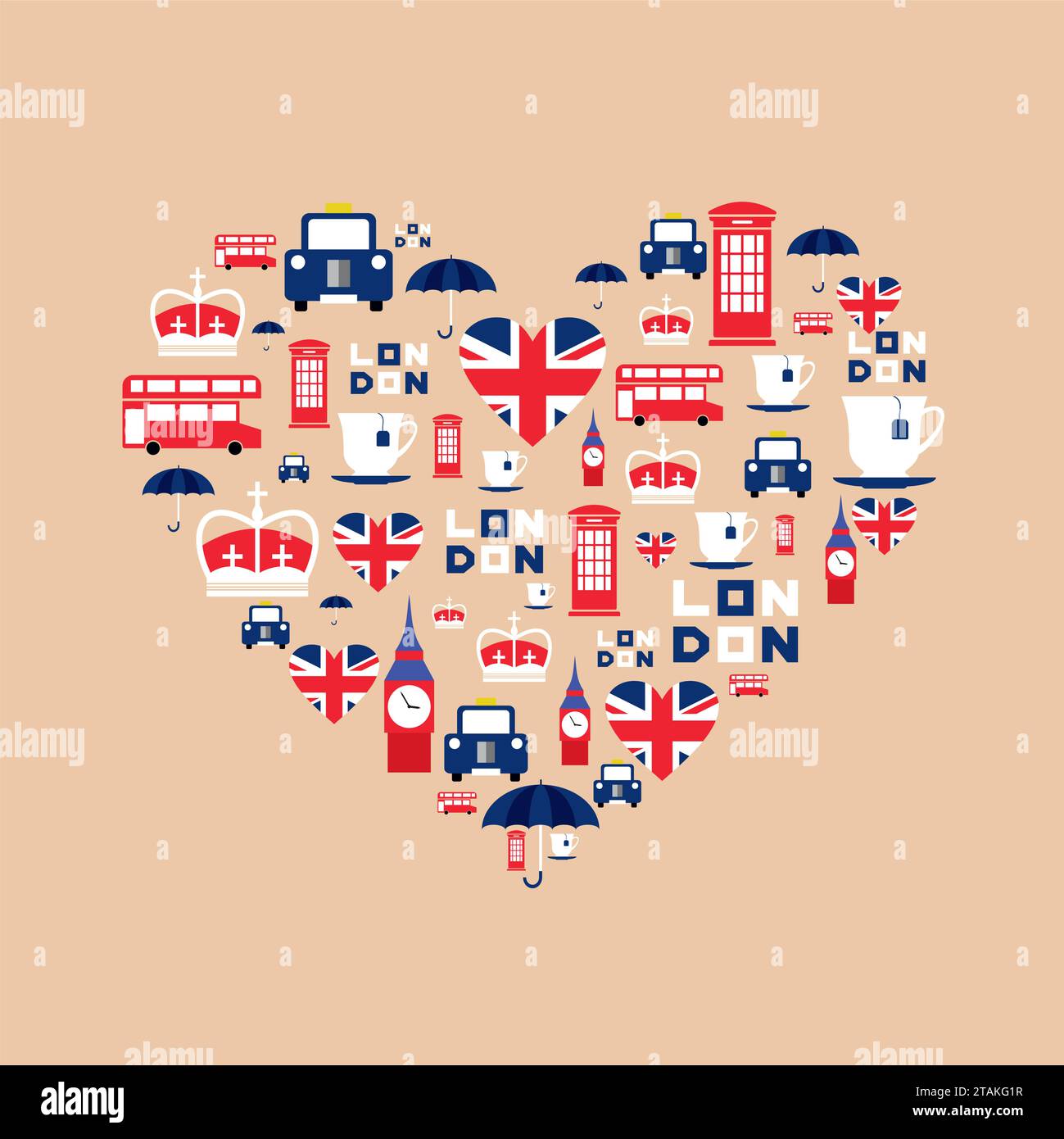 London icons in flat style arrange in the form of heart. England icons isolated on background. Vector iilustration Stock Vector