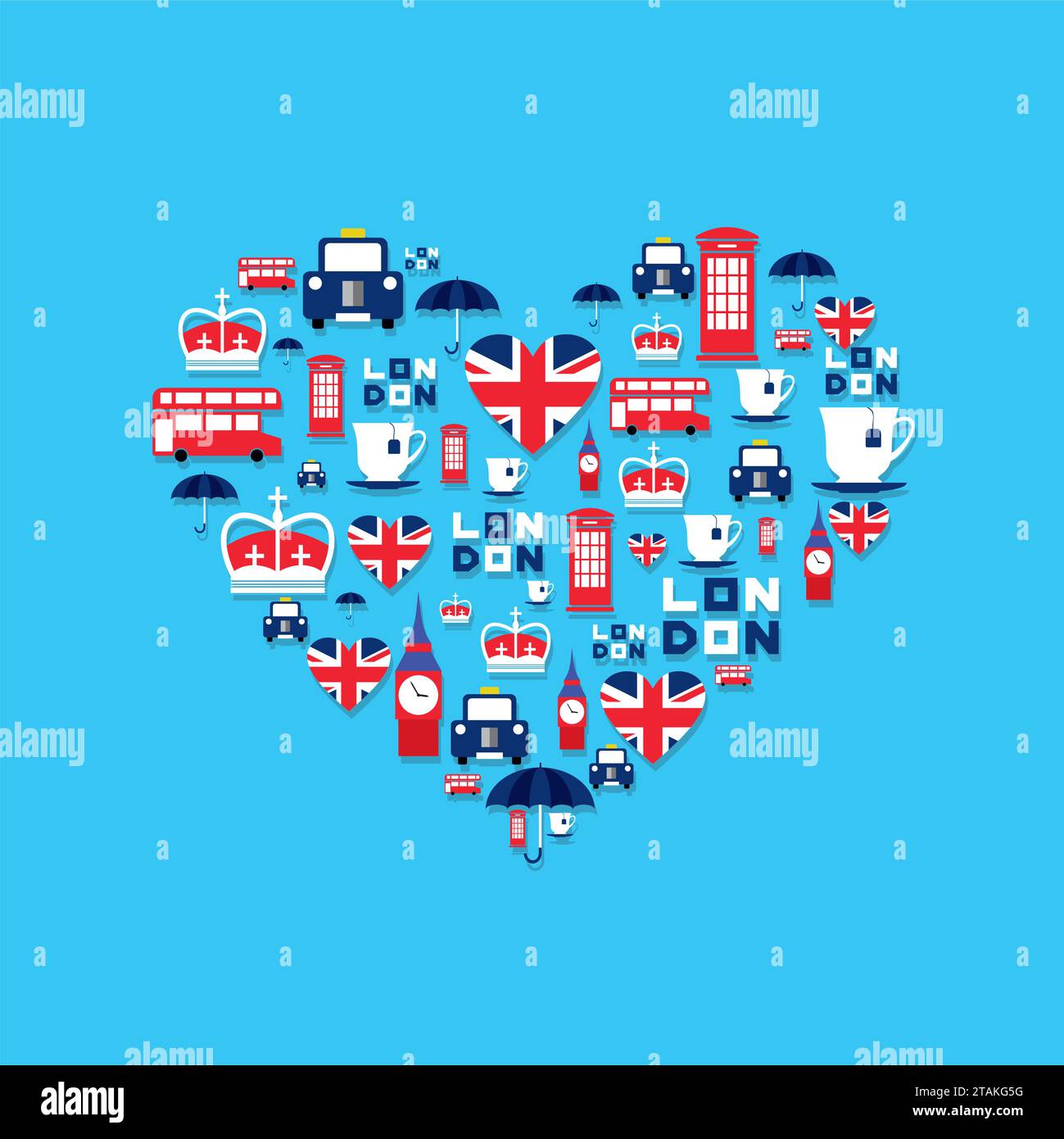 London icons in flat style arrange in the form of heart. England icons isolated on background. Vector iilustration Stock Vector