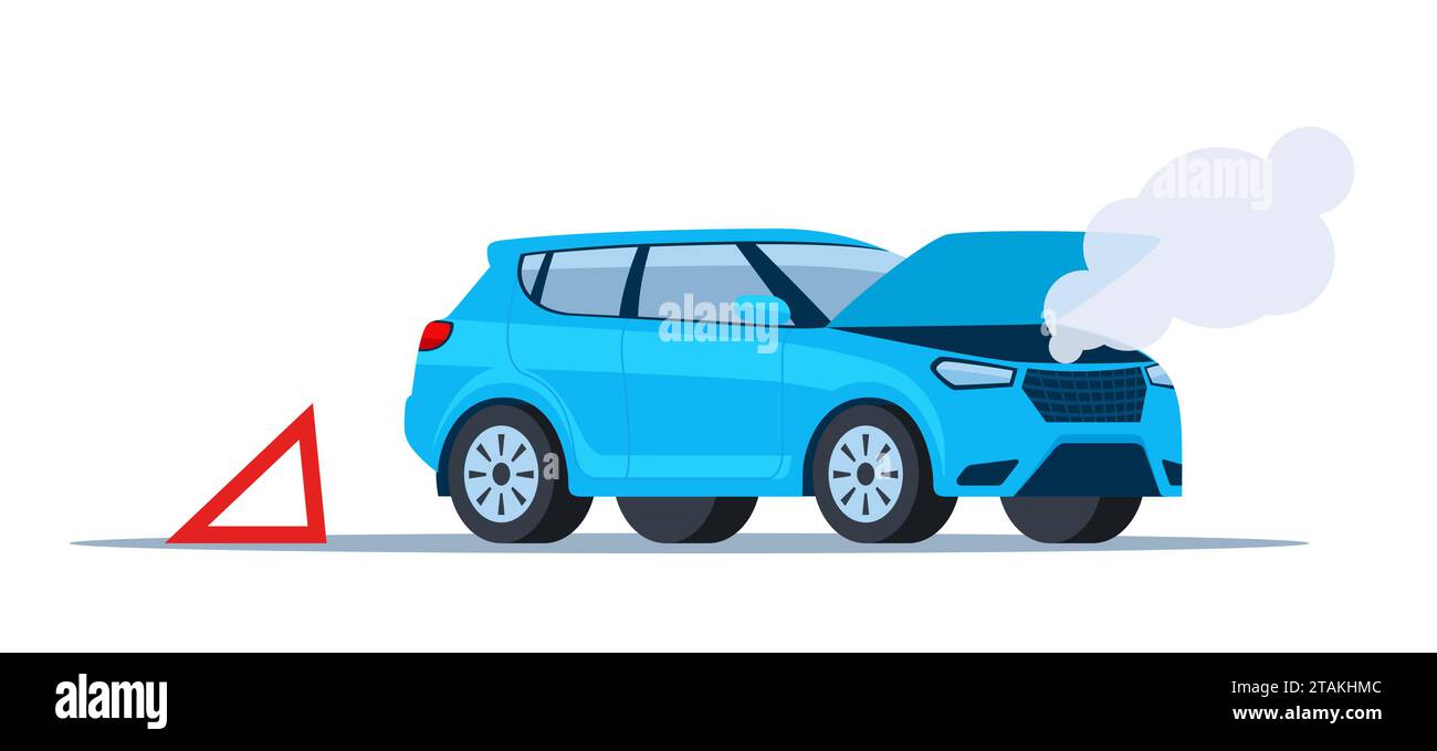 Car breakdown on the road emitting smoke with the hood open and warning