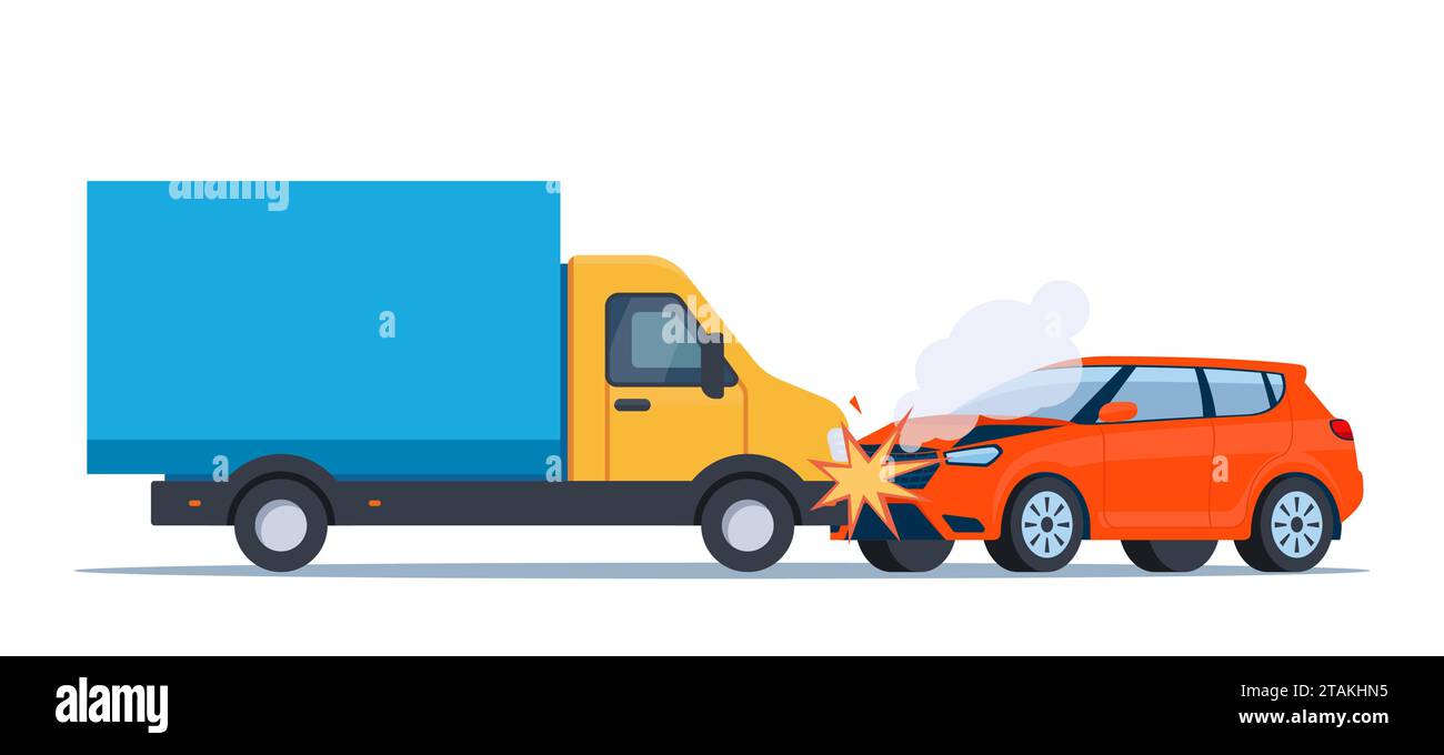 Car accident. Damaged transport on the road. Collision of lorry and car