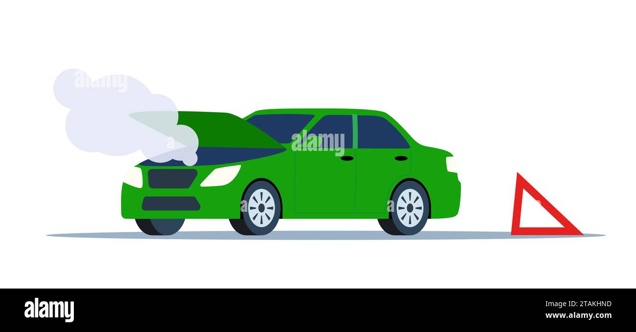 Car breakdown on the road emitting smoke with the hood open and warning