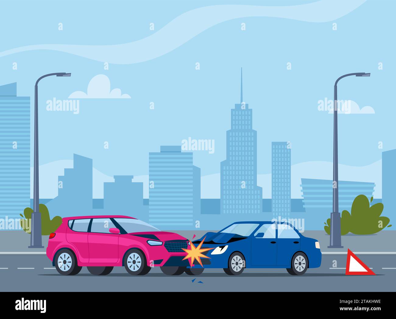 Car accident. Damaged transport on the road. Collision of two cars on