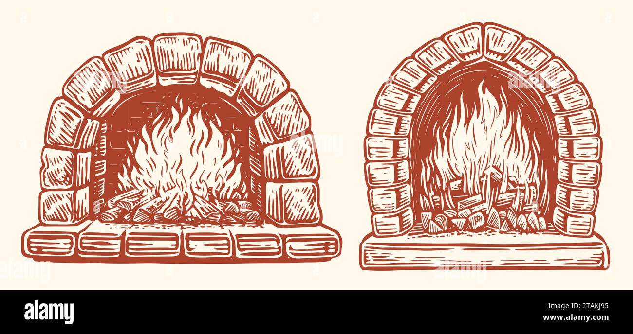 Fire in stone oven. Logs are burning in fireplace. Sketch vintage vector illustration Stock Vector