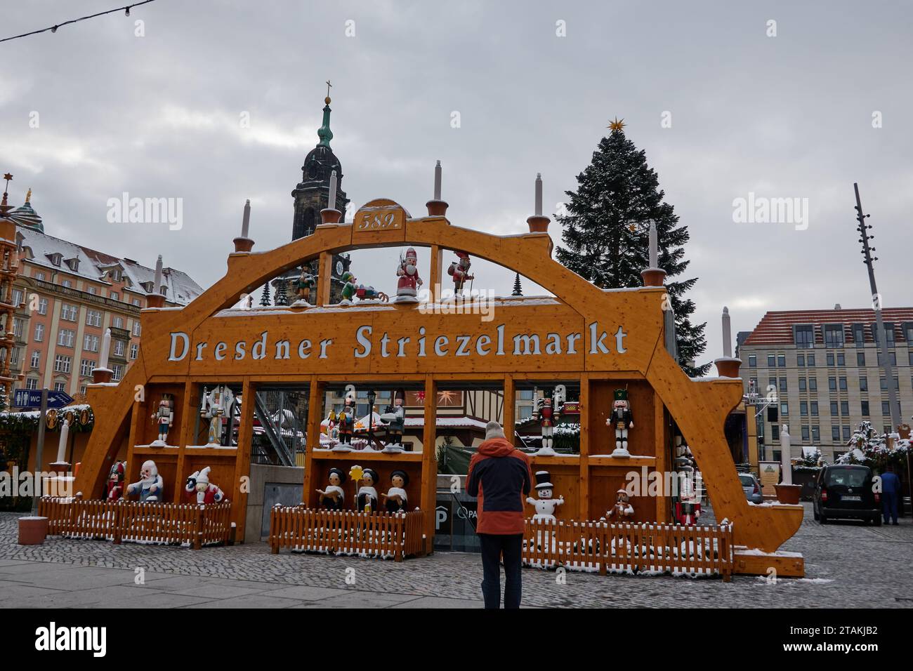 Dresden, Germany - November 29, 2023 - The Christmas Arch at one of the entrances to the Striezelmarkt in Dresden. Stock Photo