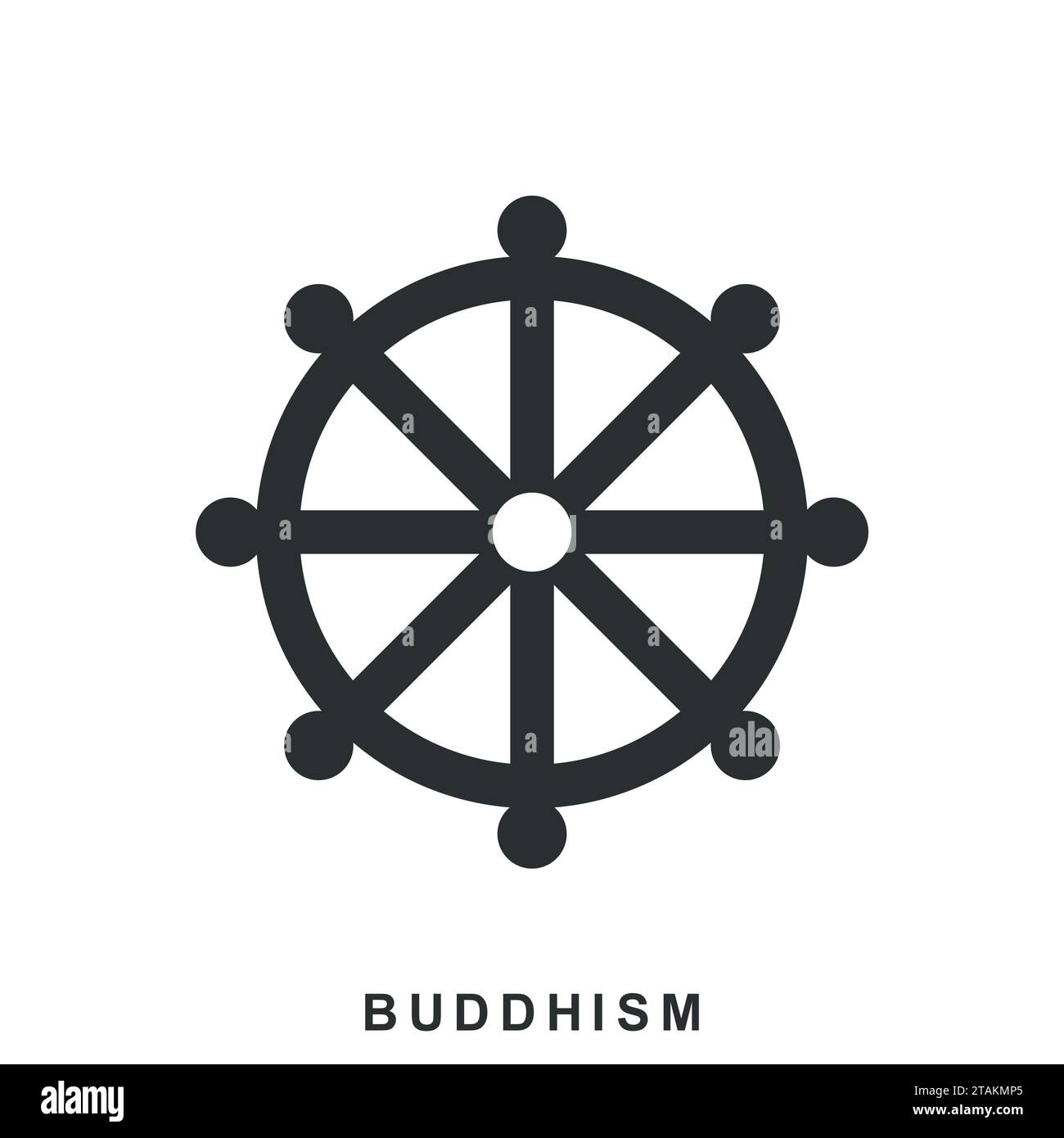 Wheel of Dharma, Dharmachakra - a symbol of Buddhism and Hinduism. Buddhism icon in flat style isolated on white background Stock Vector