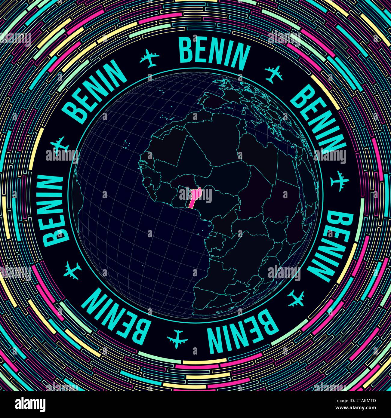 Benin on globe. Satellite view of the world centered to Benin. Bright neon style. Futuristic radial bricks background. Stylish vector illustration. Stock Vector