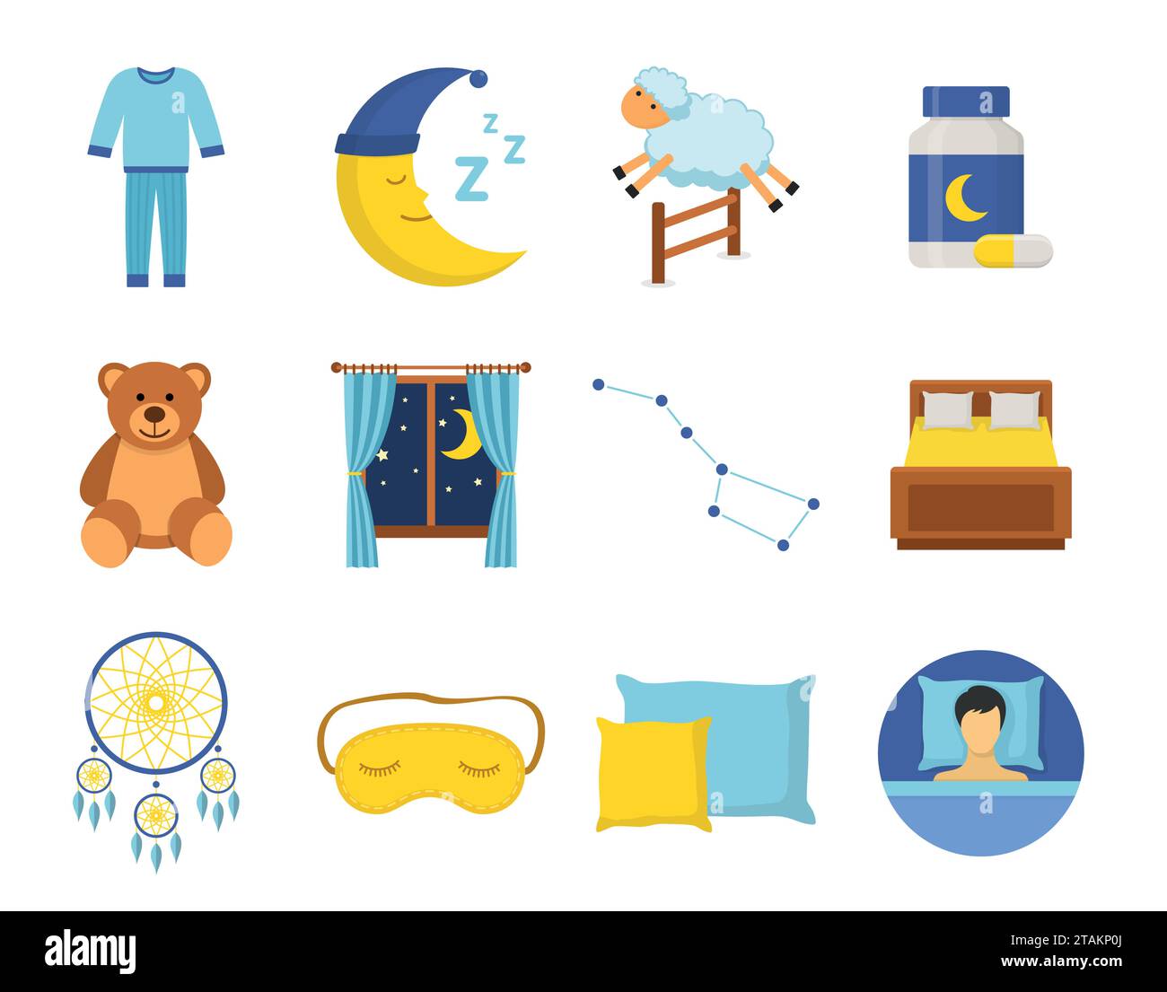 Sleep time icons set in a flat style. Collection nap night bedtime isolated on white background. Vector illustration Stock Vector