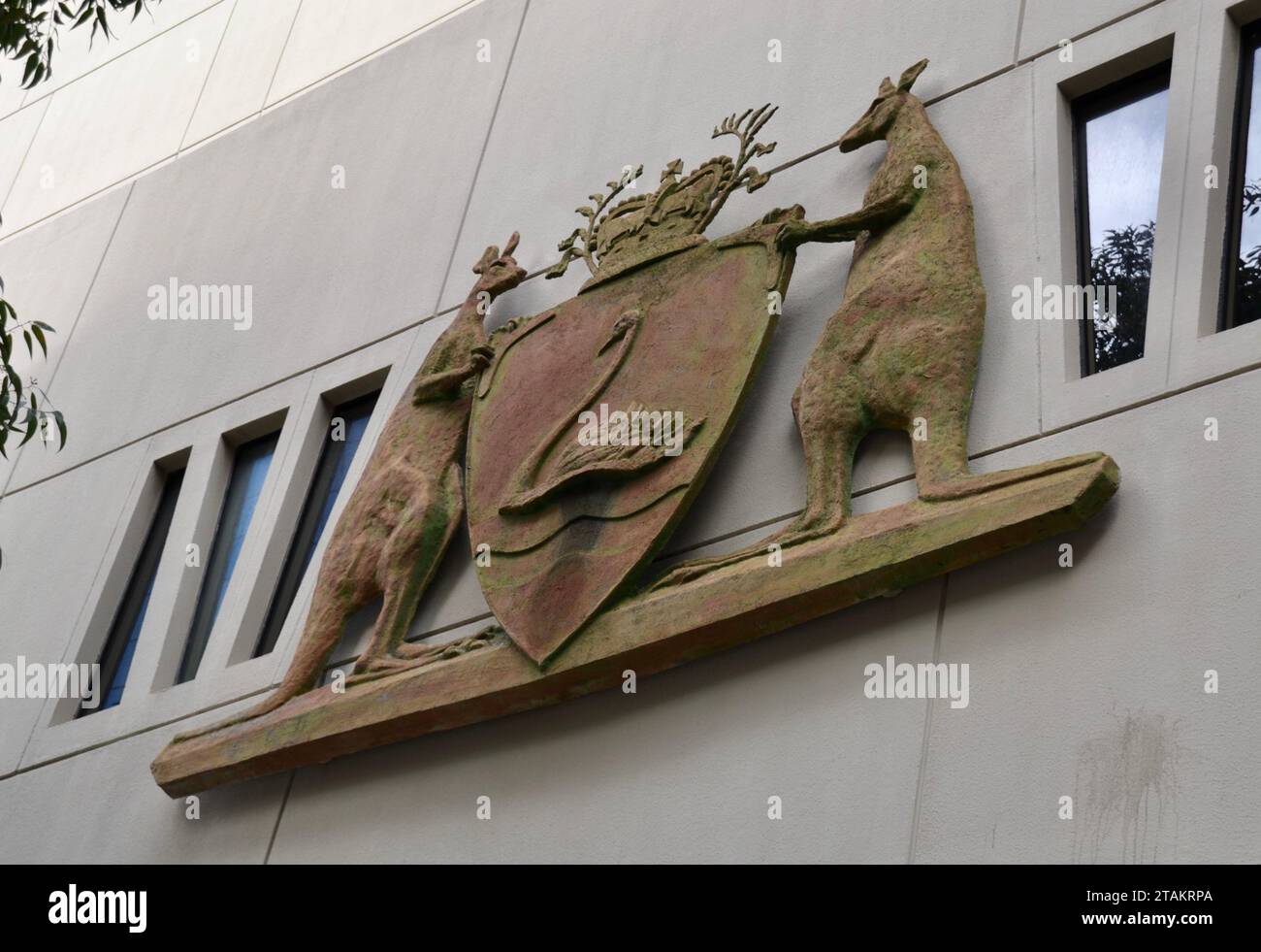 Coat of arms on the outside of the law courts in Perth, Western Australia features two kangaroos