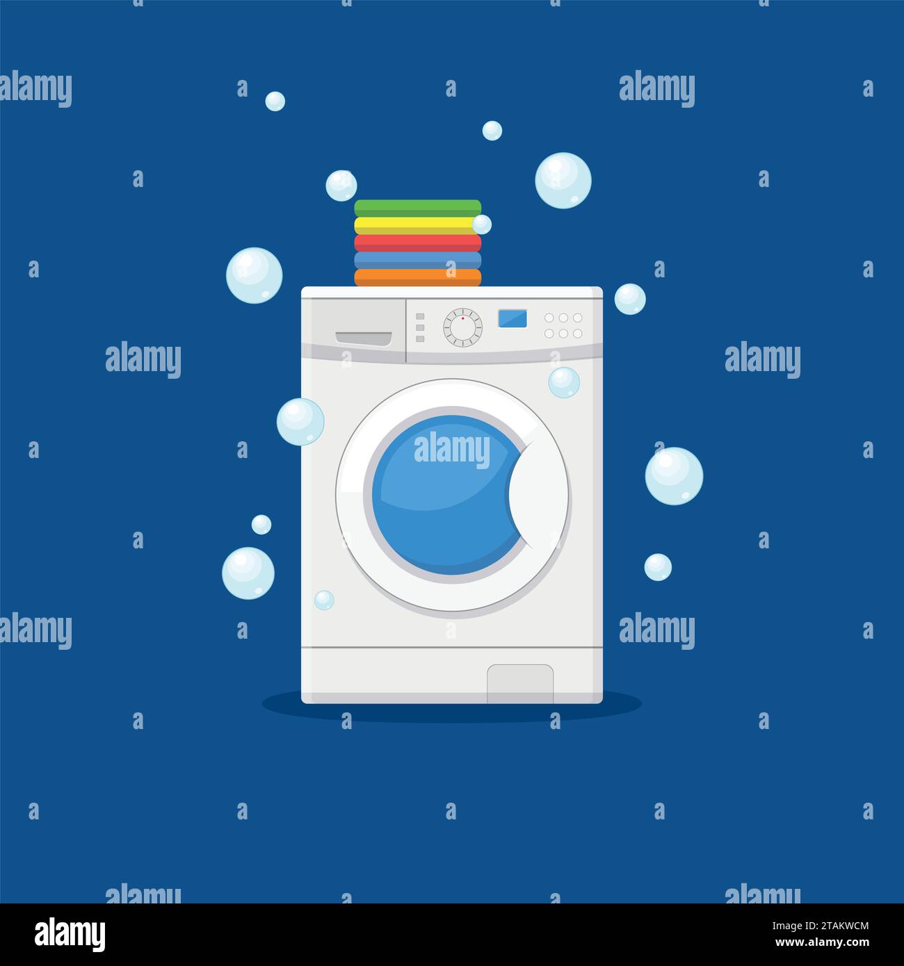 Washing machine and towels linen isolated on blue background. Equipment housework laundry wash clothes. Washer and flying bubbles in flat style. Stock Vector