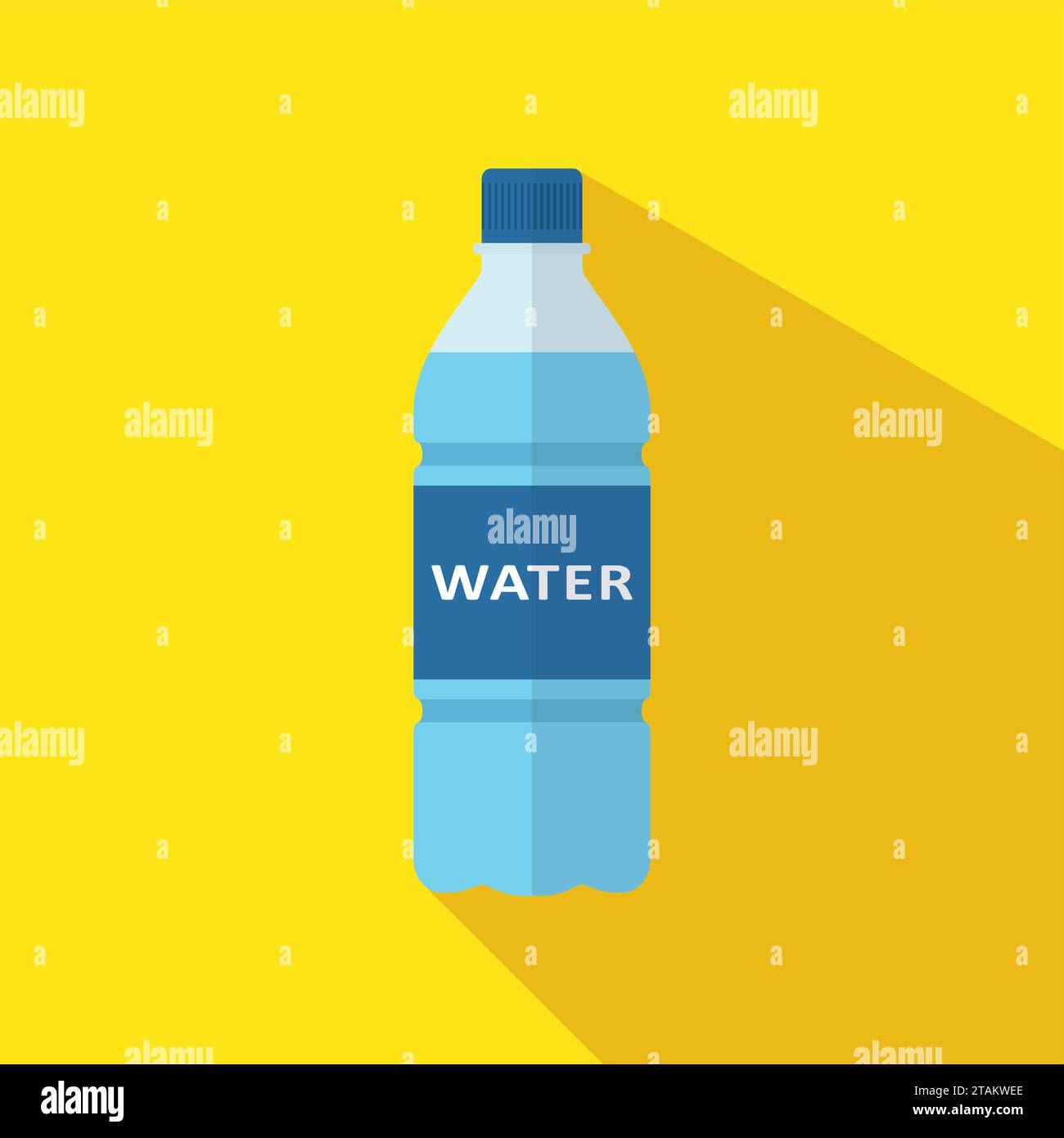 Bottle of water icon with long shadow in flat style isolated on yellow background. Vector illustration Stock Vector
