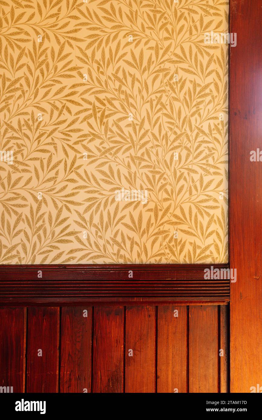 wood paneling, botanical wallpaper Stock Photo