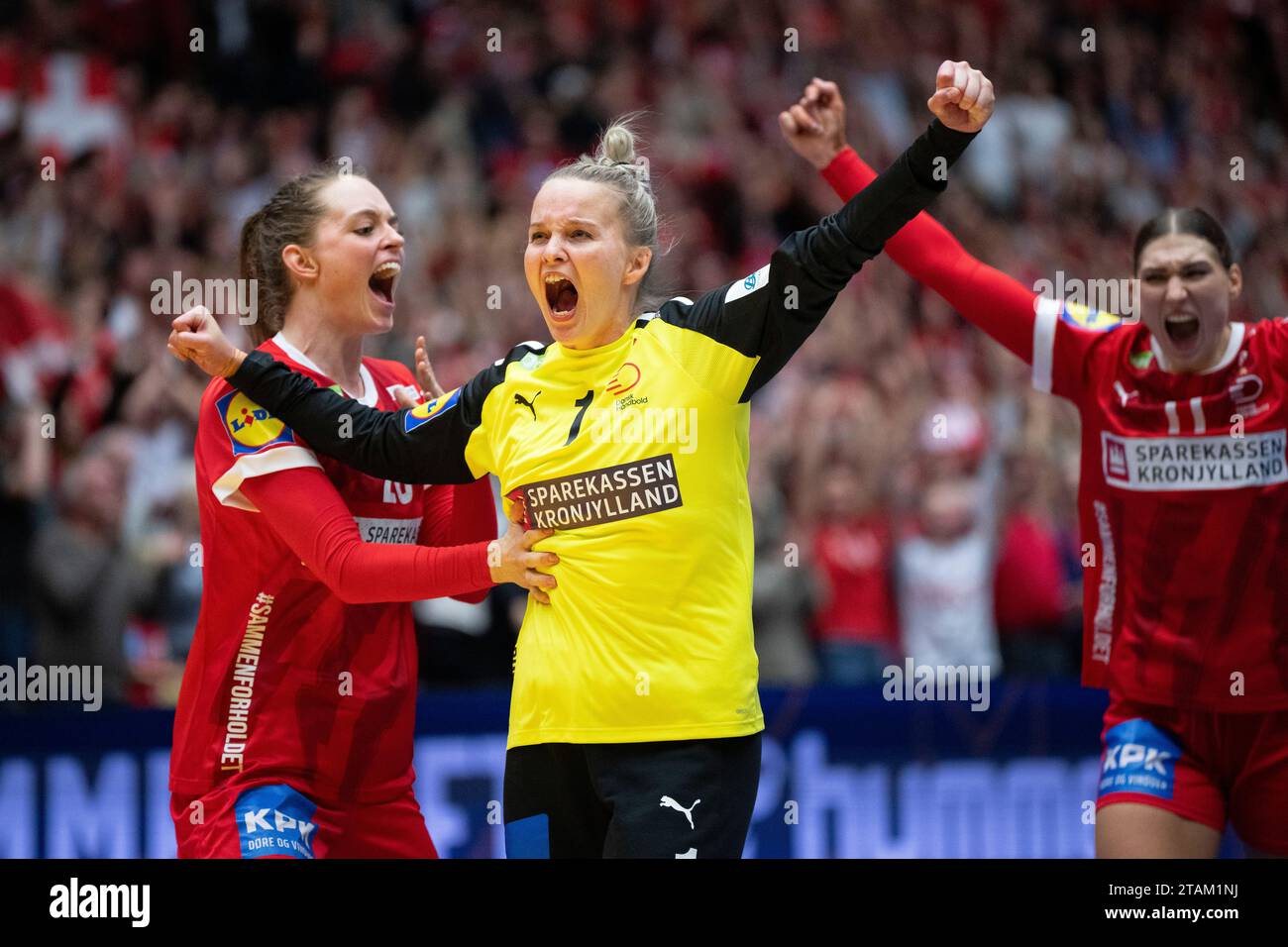 Denmark's Sandra Toft scores and celebrates with Kristina Joergensen ...