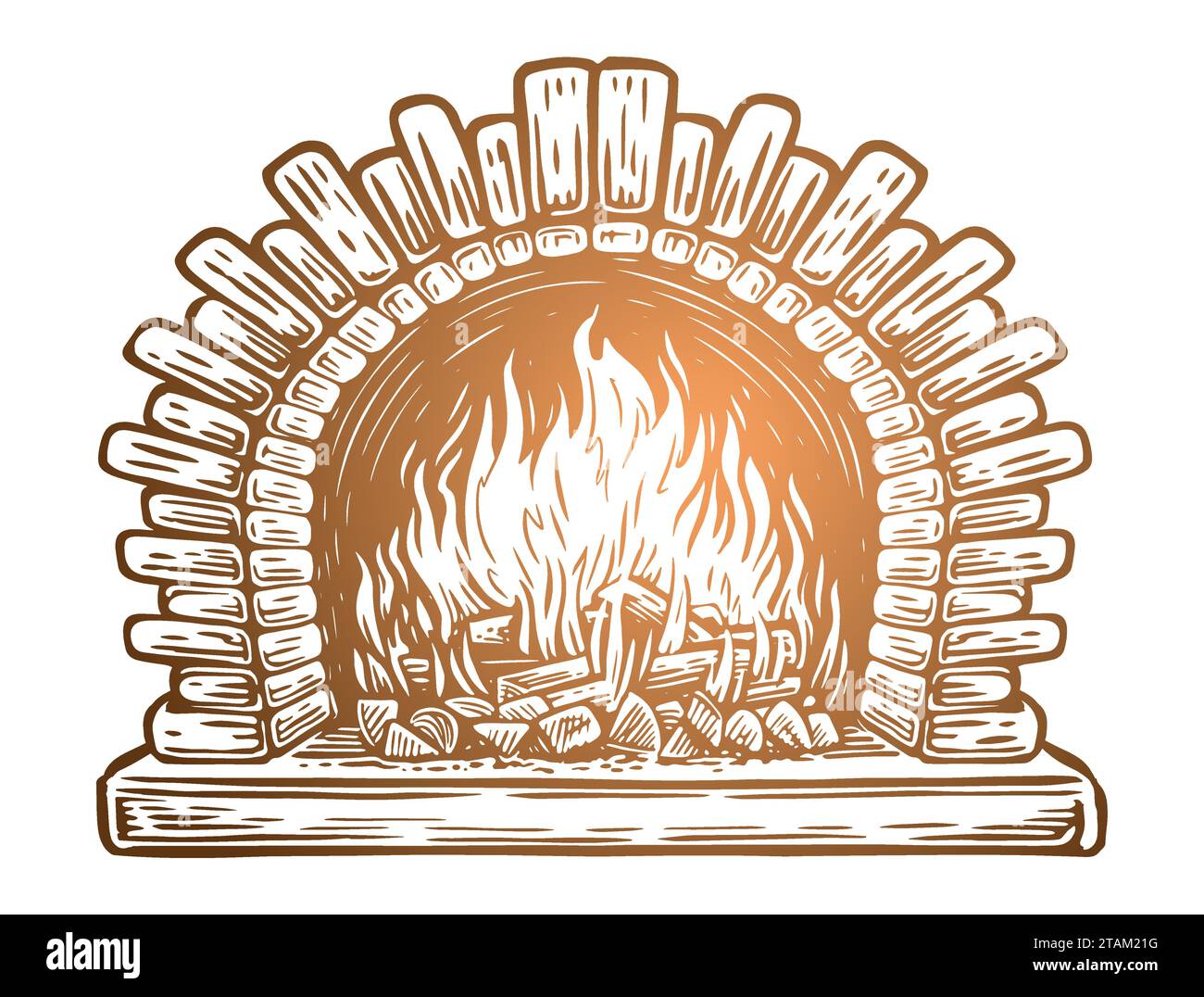 Logs are burning in fireplace. Fire in stone oven. Vector illustration Stock Vector