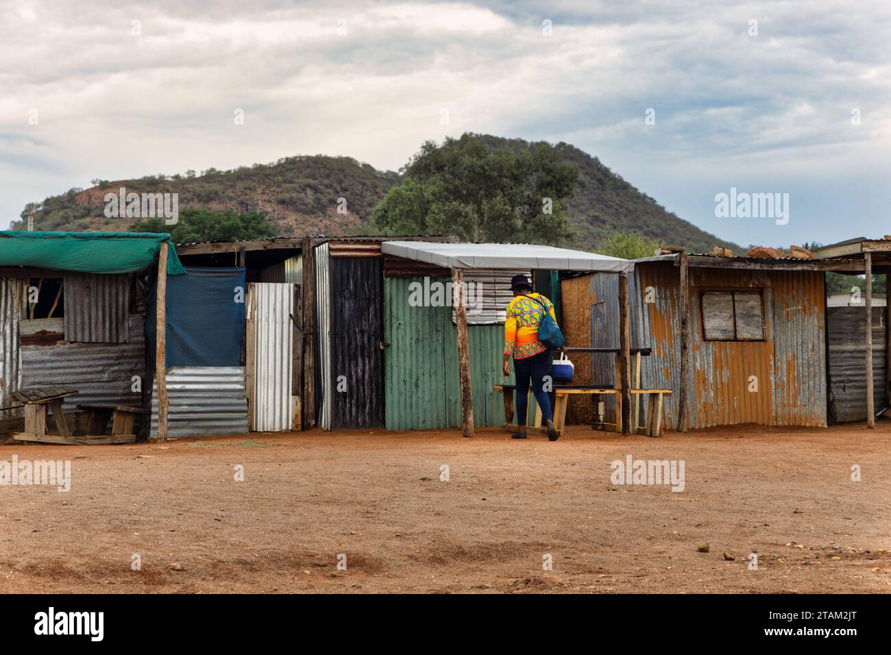 township informal settlement, shanty town made of corrugated iron sheets , Stock Photo