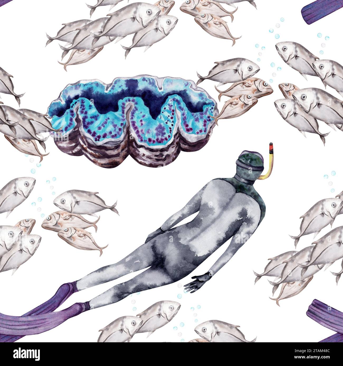 Seamless pattern with fishes, giant clam and a human diver. Hand drawn ...