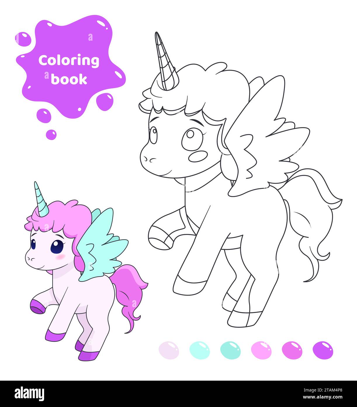 Coloring book for kids. Cute unicorn with wings. Stock Vector