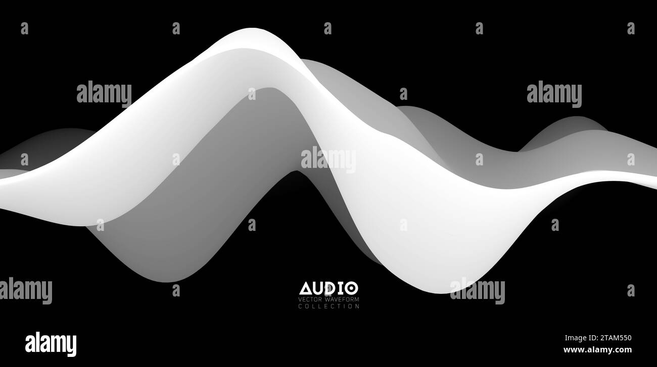 Sound wave visualiztion. 3D black and white solid waveform. Voice sample pattern. Stock Vector