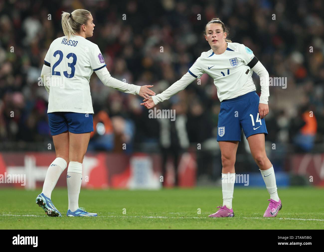 London, UK. 1st Dec, 2023. Alessia Russo of England and Ella Toone of England look dejected as they shake hands after the UEFA Women's Nations League match at Wembley Stadium, London. Picture credit should read: Paul Terry/Sportimage Credit: Sportimage Ltd/Alamy Live News Stock Photo