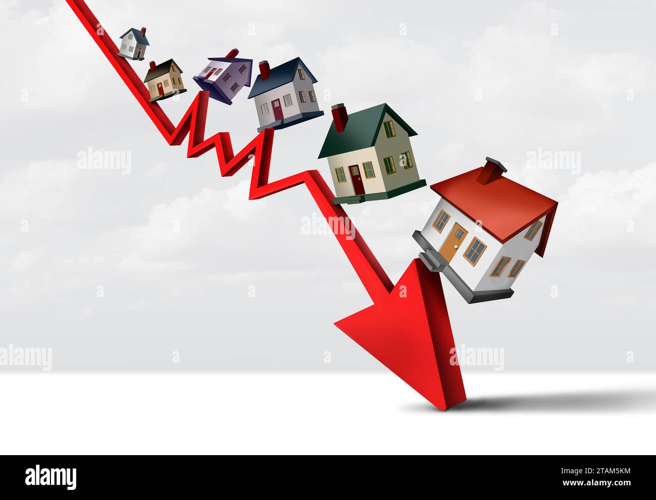 Falling House Prices and Home prices fall and Real Estate decline or Home price reduction and housing devalued market and mortgage Subprime lending fi Stock Photo