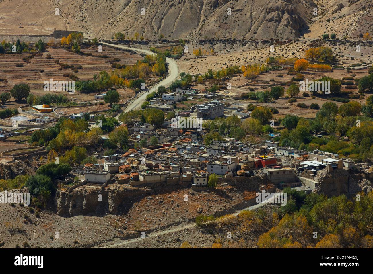 The village of Ghami  as seen while trekking to Dhakmar - Mustang District, Nepal Stock Photo
