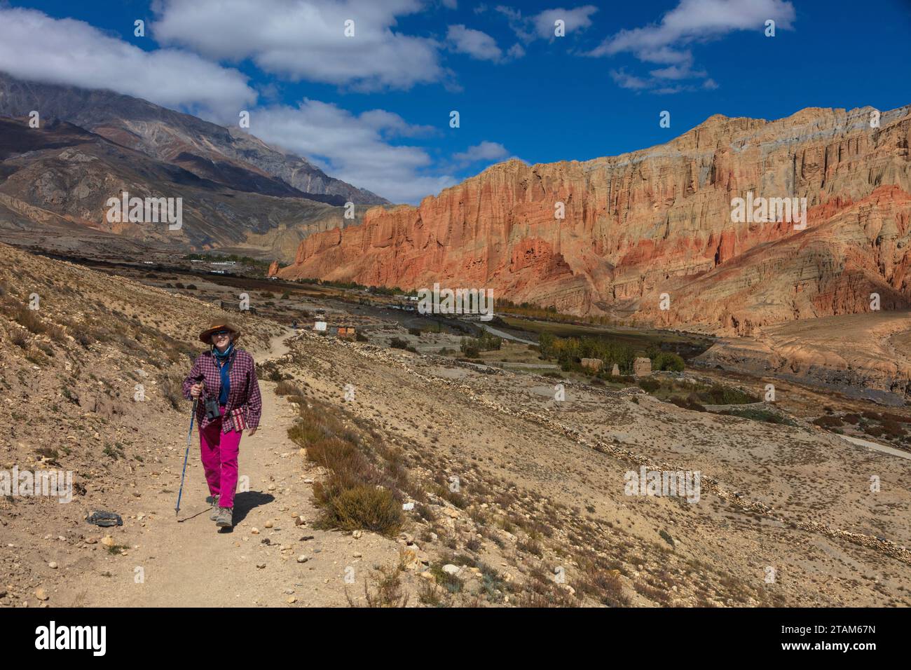 Christine Kolisch trekks to Dhakmar village -  Mustang District, Nepal Stock Photo
