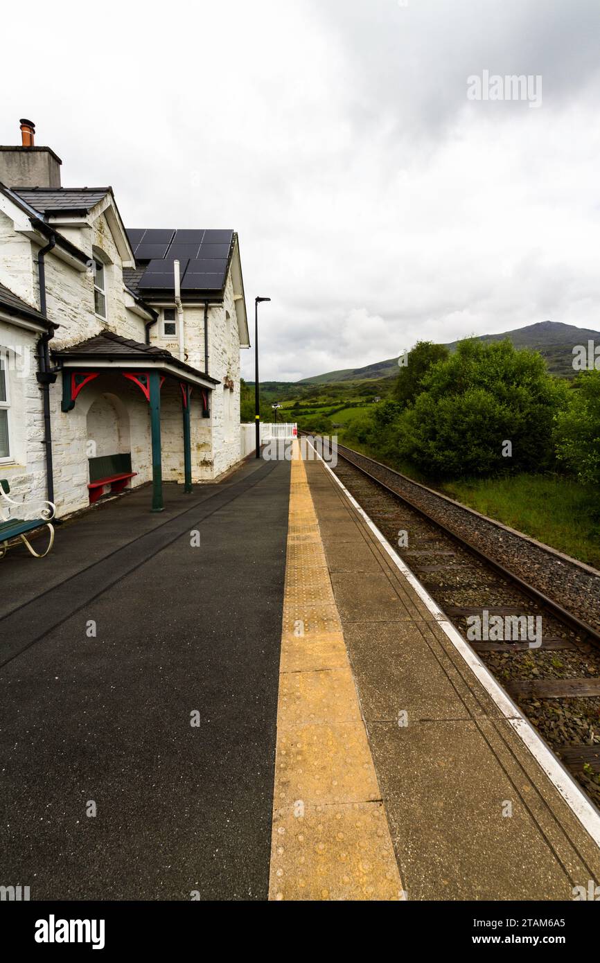 Pont Rufineig or Roman Bridge Railway Station platform, North Wales, portrait, wide angle Stock Photo