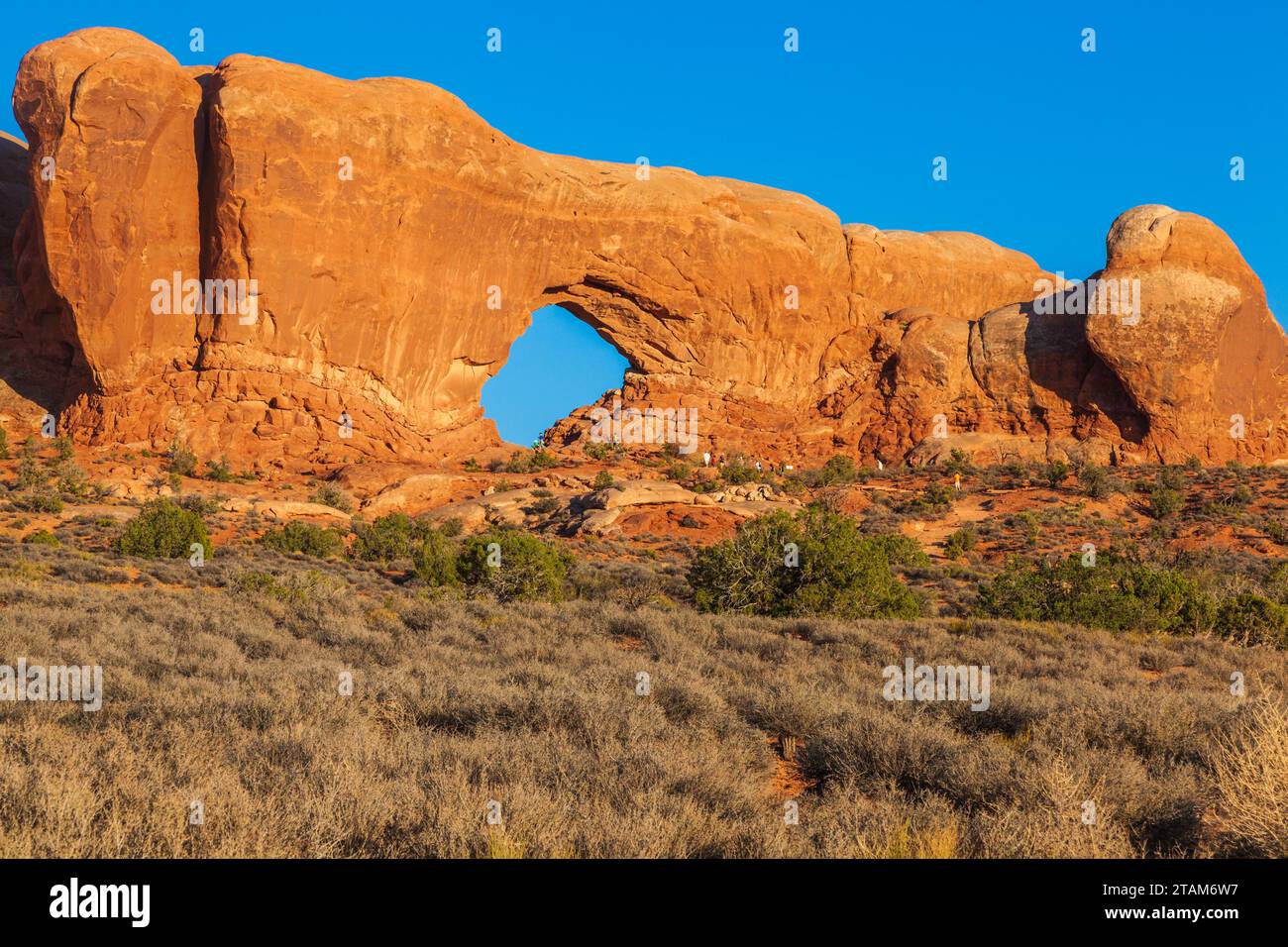 Sunset light on North Window Arch in the Windows section of Arches National Park in Utah. Stock Photo