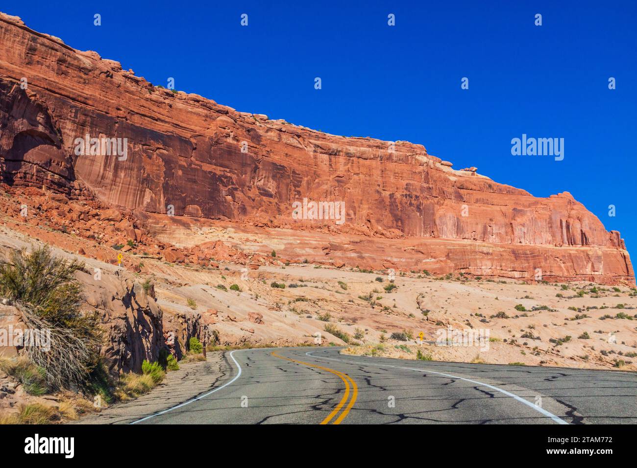 Park Road into Arches National Park in Utah. Stock Photo