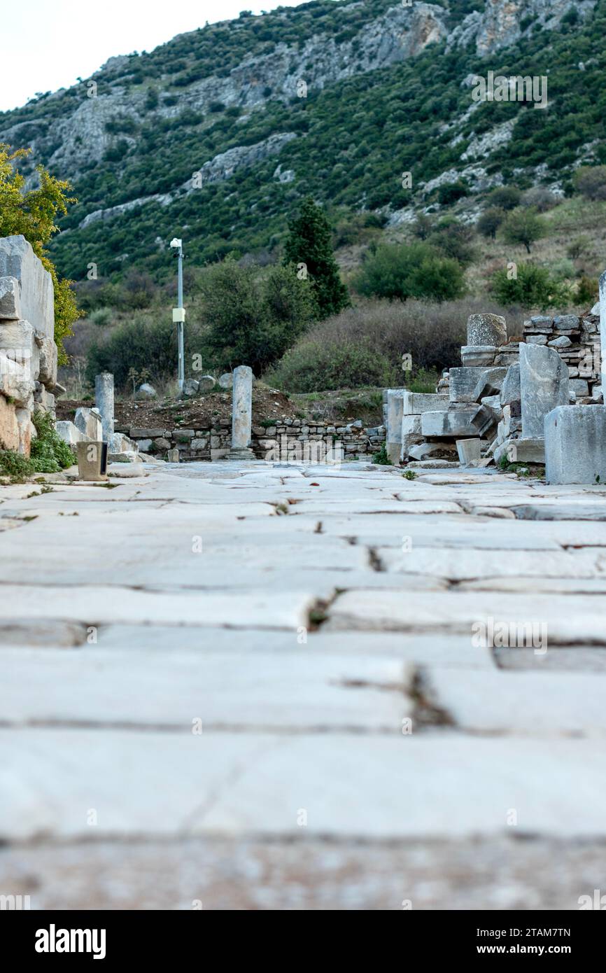 Elements of ancient architecture and ruins of Ephesus, Izmir.  Stock Photo