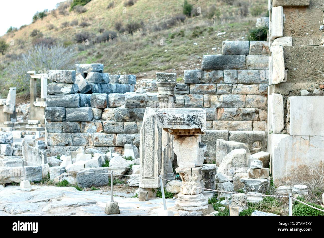 Elements of ancient architecture and ruins of Ephesus, Izmir.  Stock Photo