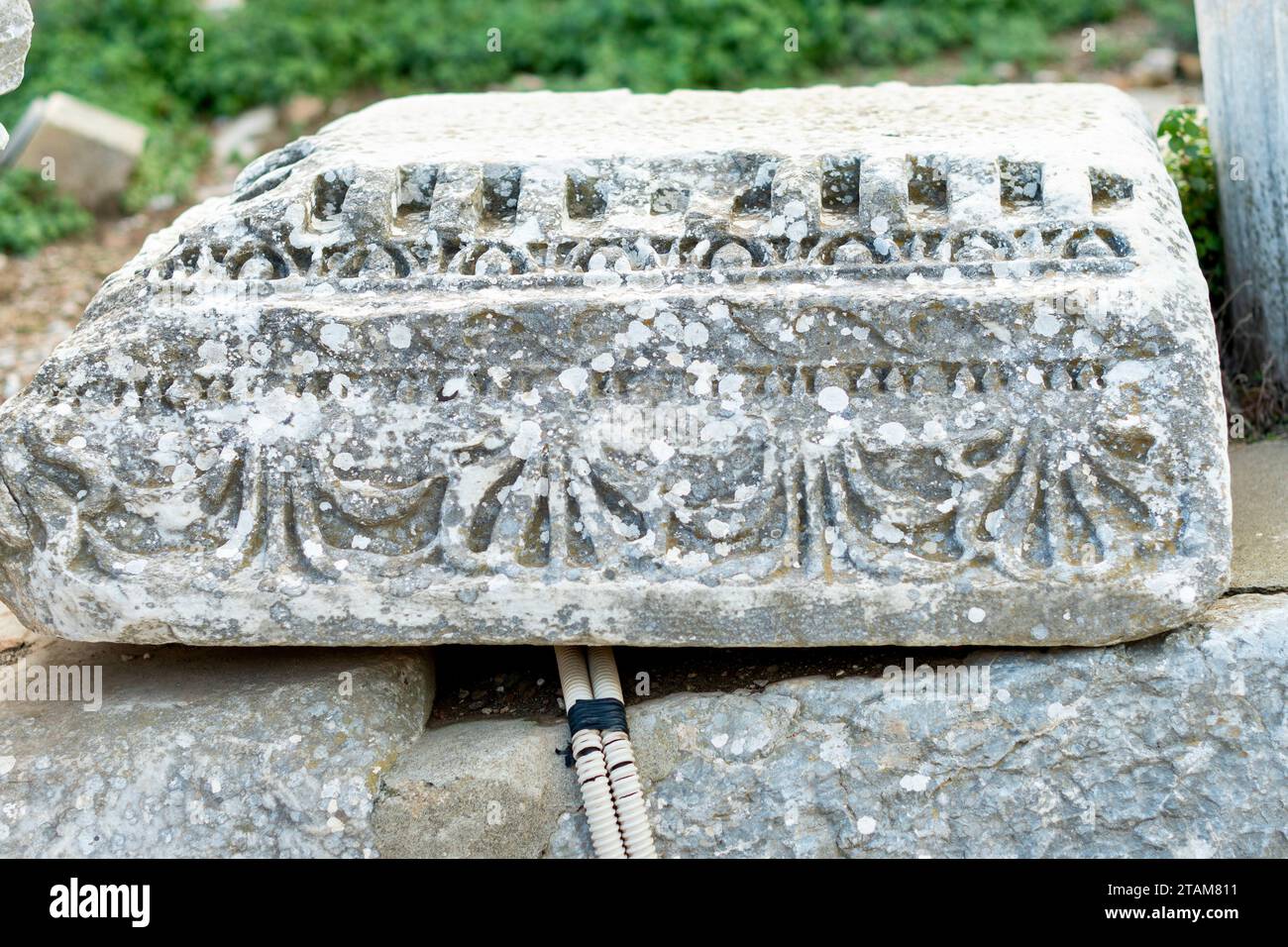 Elements of ancient architecture and ruins of Ephesus, Izmir.  Stock Photo