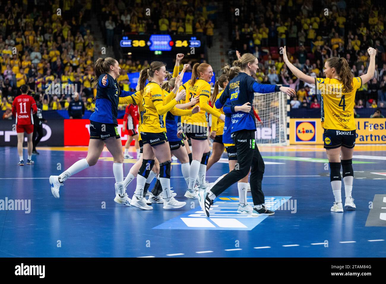 Sofia Hvenfelt of, Sweden. , . celebrates with team mates after the IHF