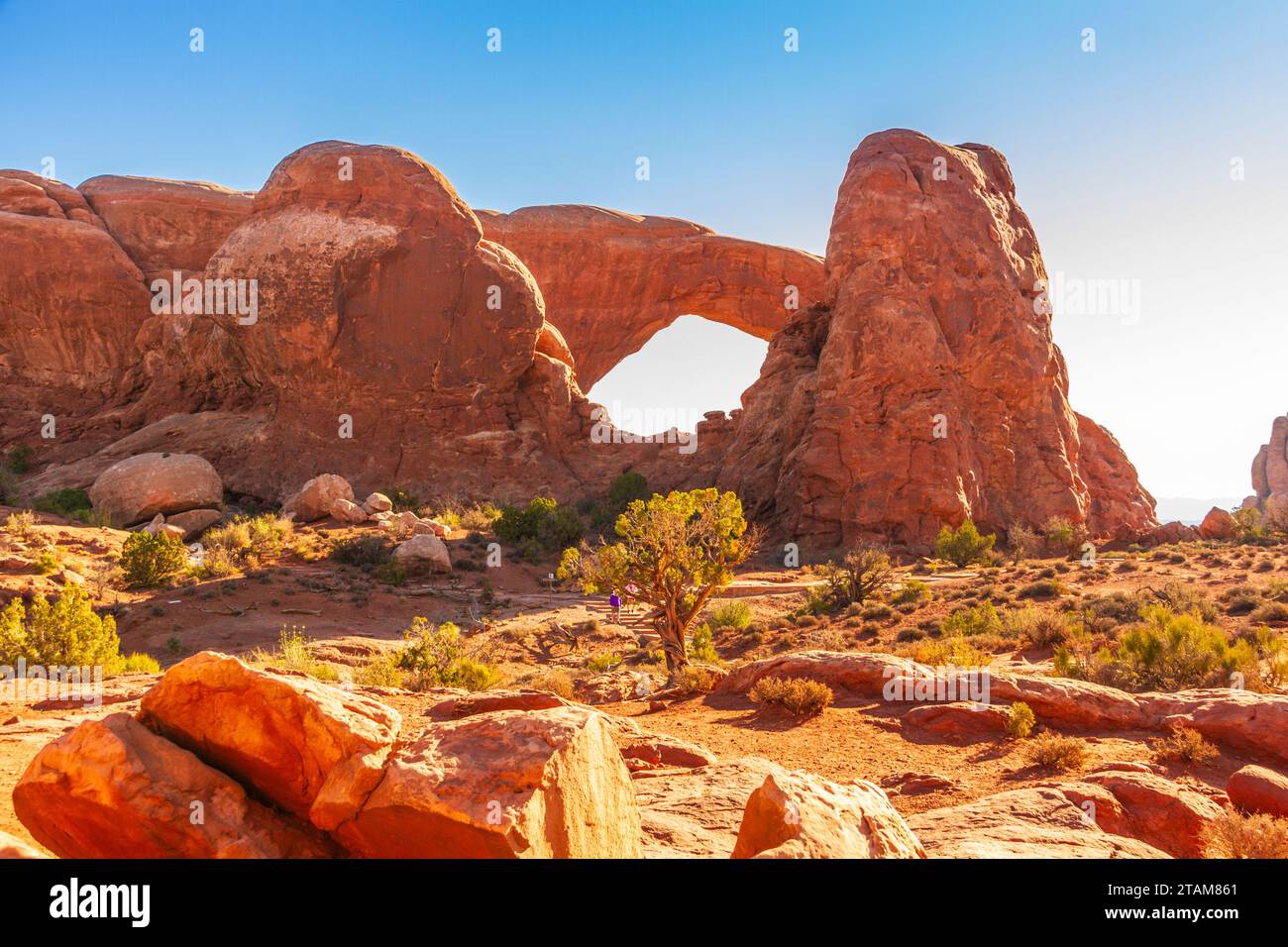 South Window arch sandstone rock formation in early morning light in Arches National Park in Utah. Stock Photo