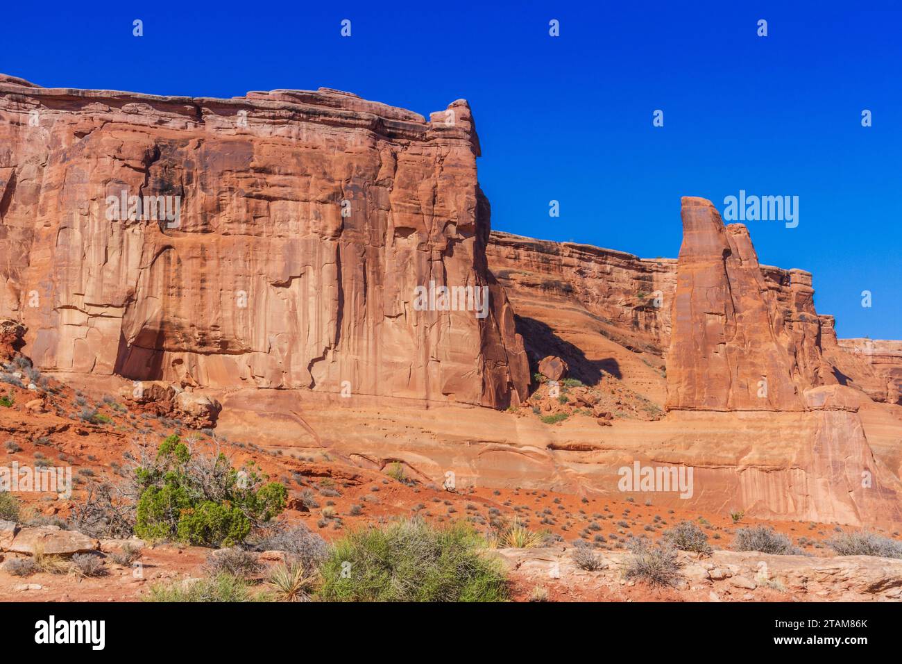 The Courthouse Towers rock formation in early morning light in Arches National Park. Stock Photo