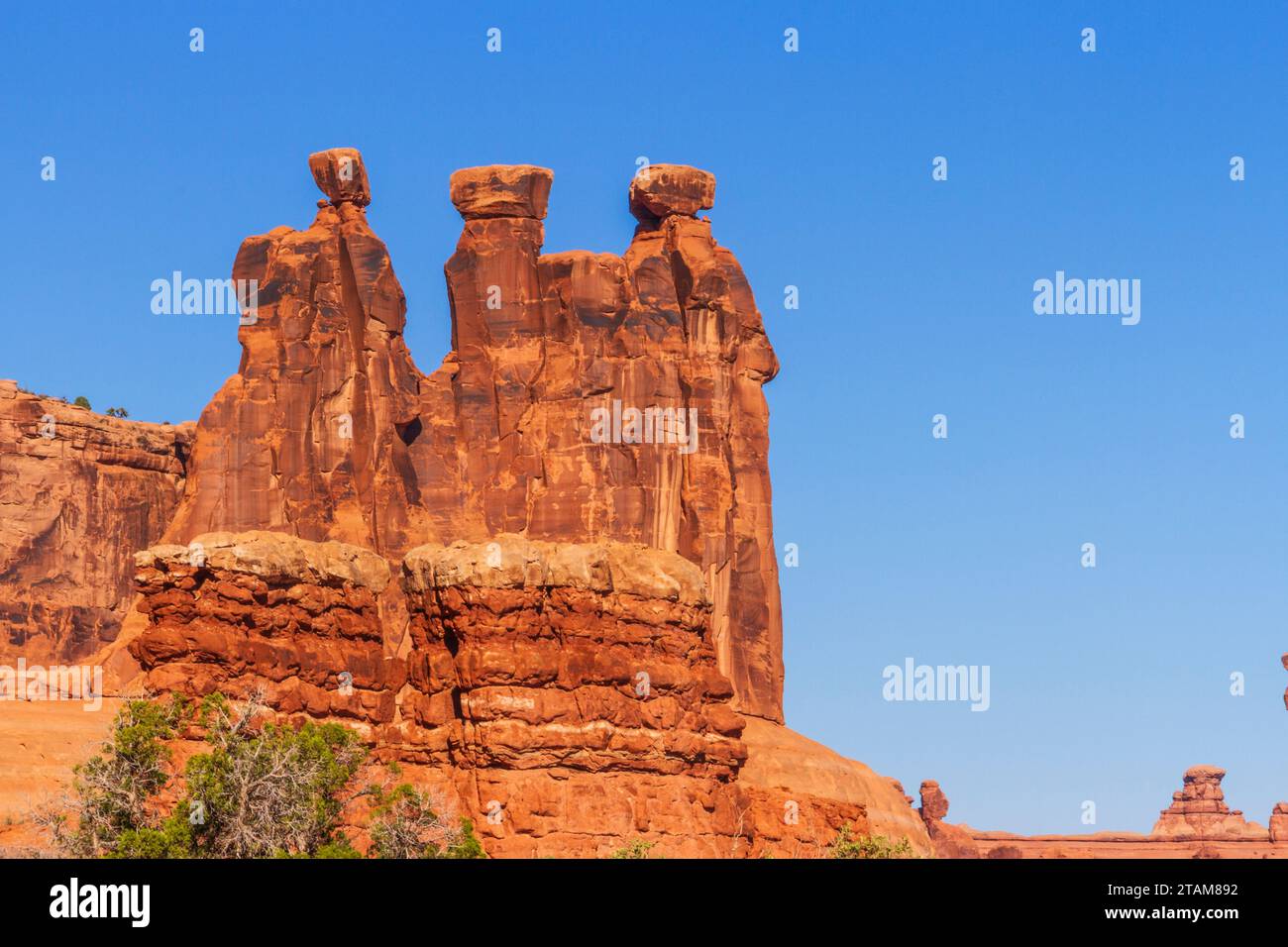 Three Gossips rock formation in early morning light at Arches National Park in Utah. Stock Photo