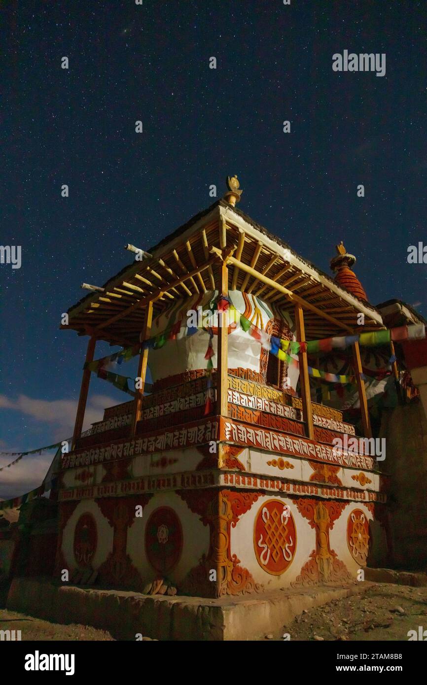 The night sky above a chorten in Lo Manthang, the capital of Mustang District, Nepal Stock Photo