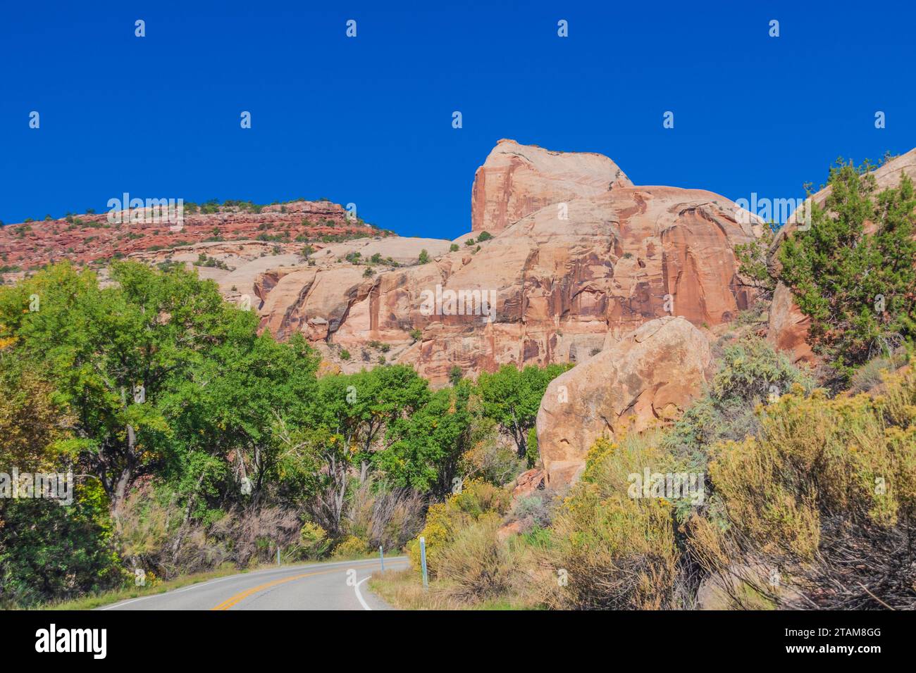 Utah 211 scenic byway in Utah, designated as Indian Creek Corridor Scenic Byway, passes through a landscape of sandstone rocks and formations. Stock Photo
